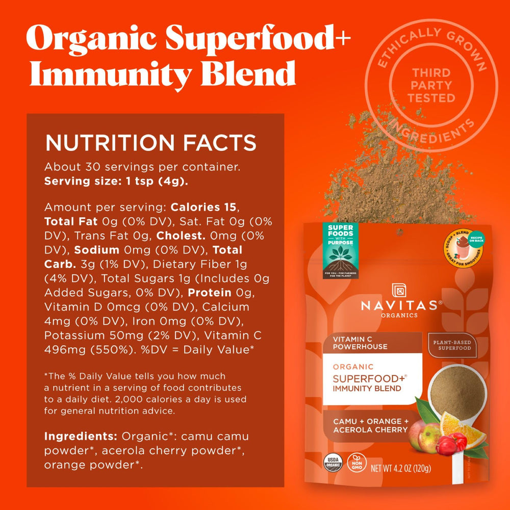 Navitas Organics Immunity Blend spoon-dispense close-up highlights convenient smoothie prep