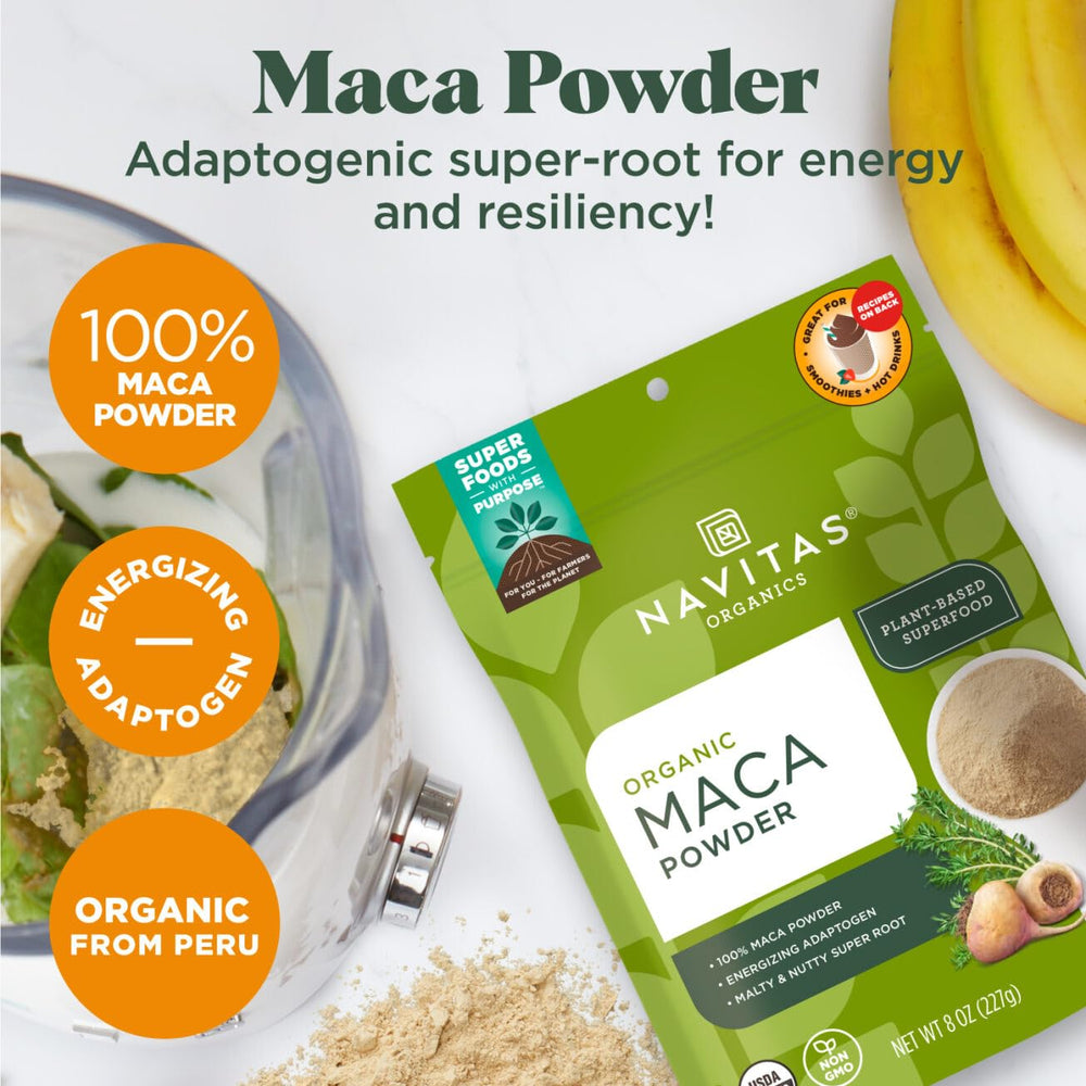 Navitas Organics Maca Powder jar with scoop, emphasizing easy daily use.