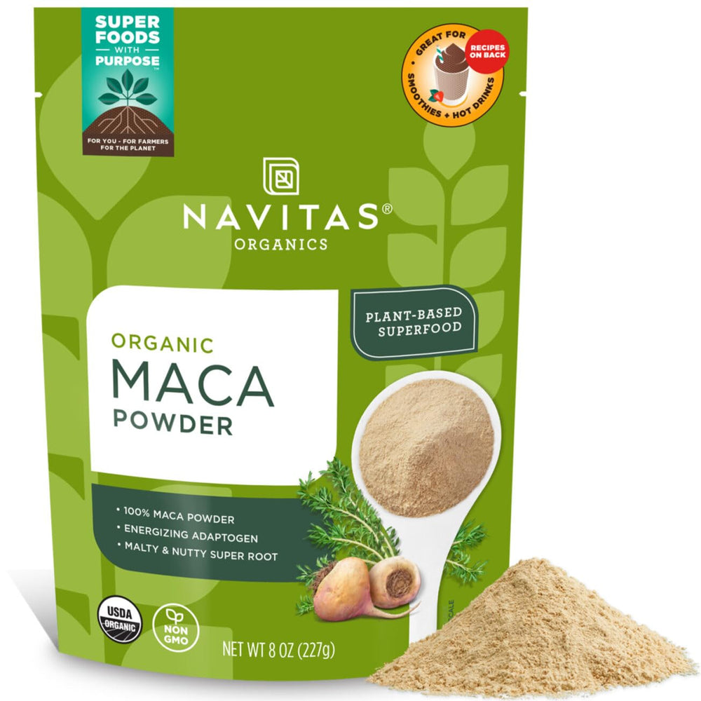 Navitas Organics Maca Powder pack shot highlighting its premium organic quality and versatility.