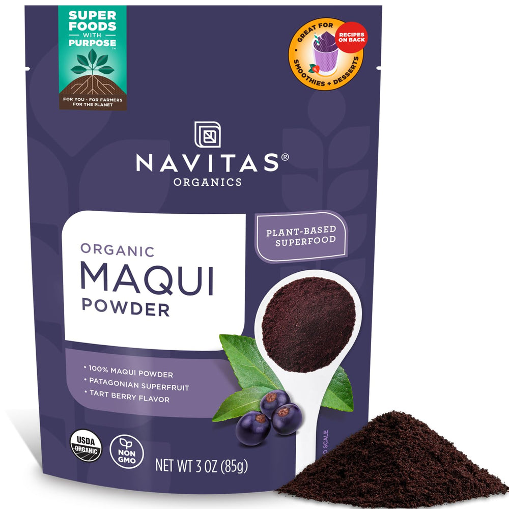 Navitas Organics Maqui Powder front packaging highlights organic freeze-dried berry powder for versatile use.