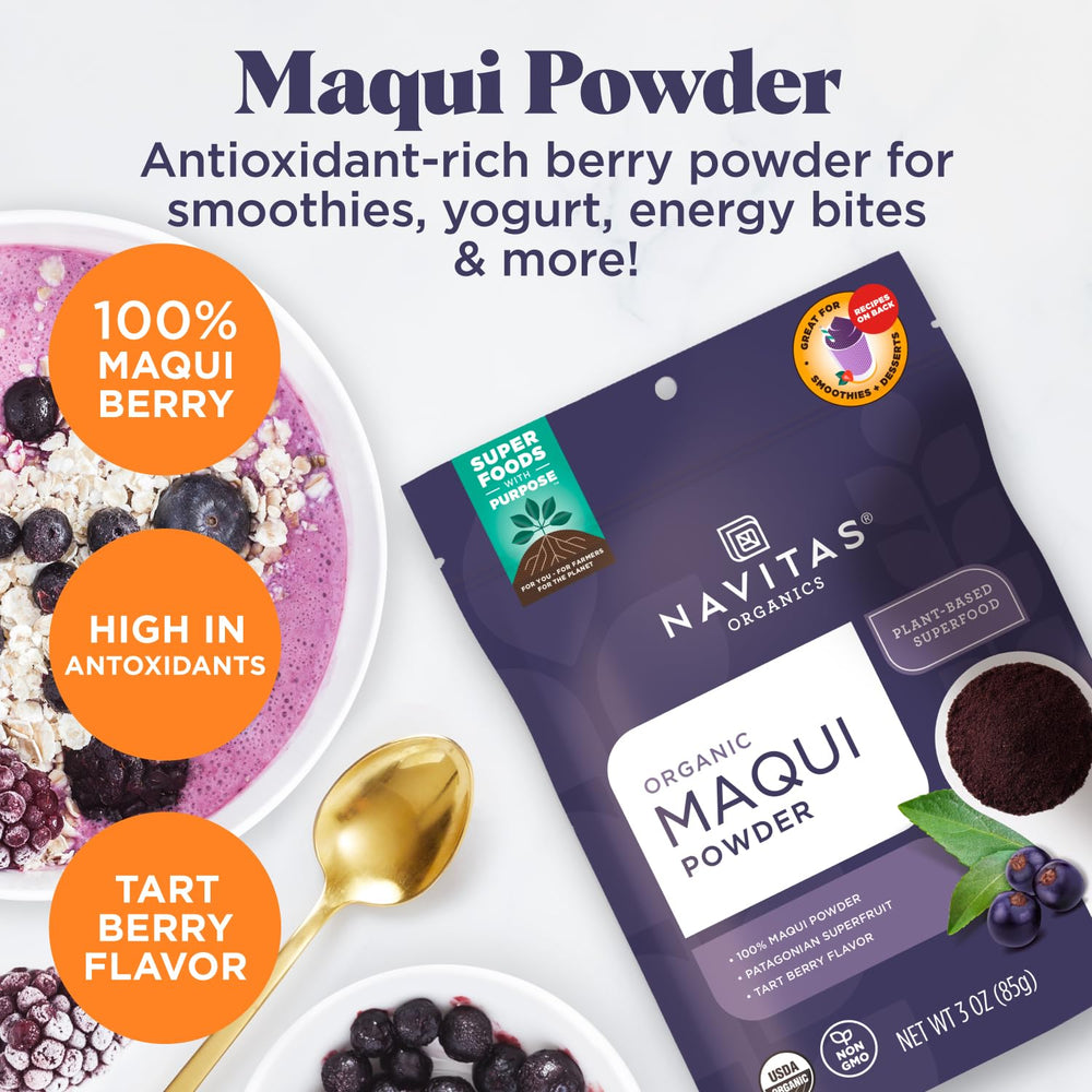 Navitas Organics Maqui Powder in bowl adds vibrant color and berry flavor to yogurt.