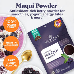 Navitas Organics Maqui Powder in bowl adds vibrant color and berry flavor to yogurt.
