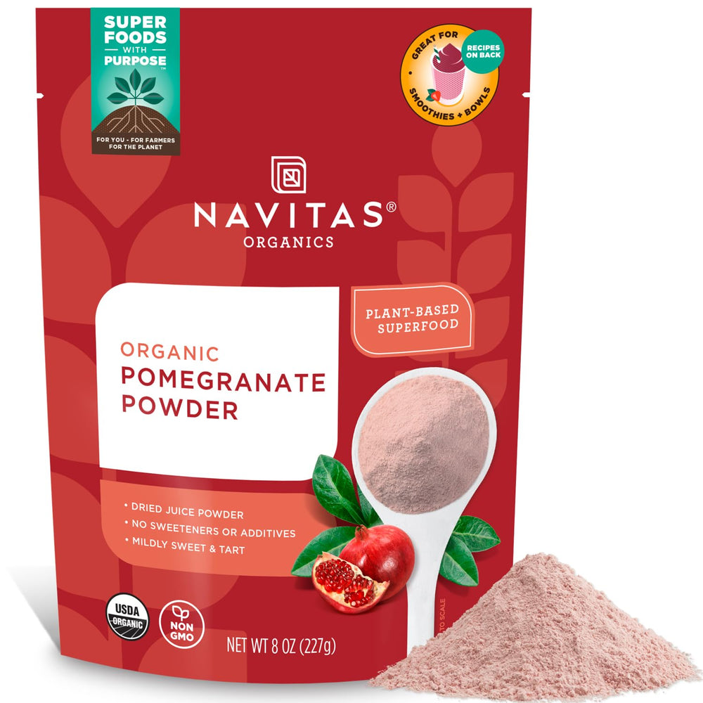 Navitas Organics Pomegranate Powder bottle with bright pink powder ideal for smoothies