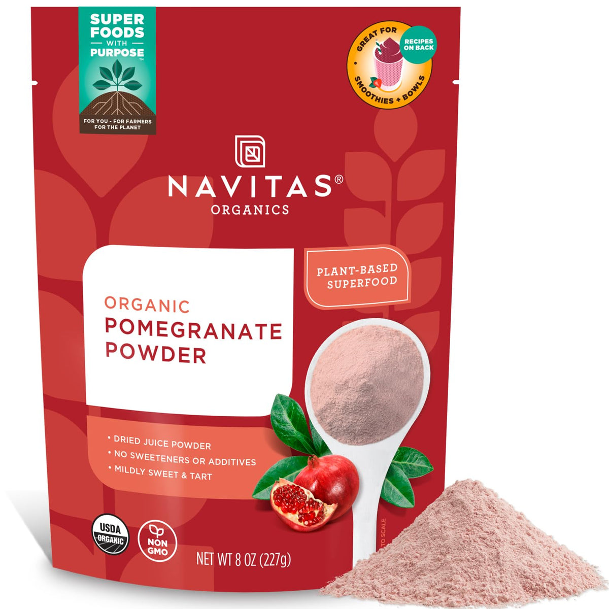 Navitas Organics Pomegranate Powder bottle with bright pink powder ideal for smoothies