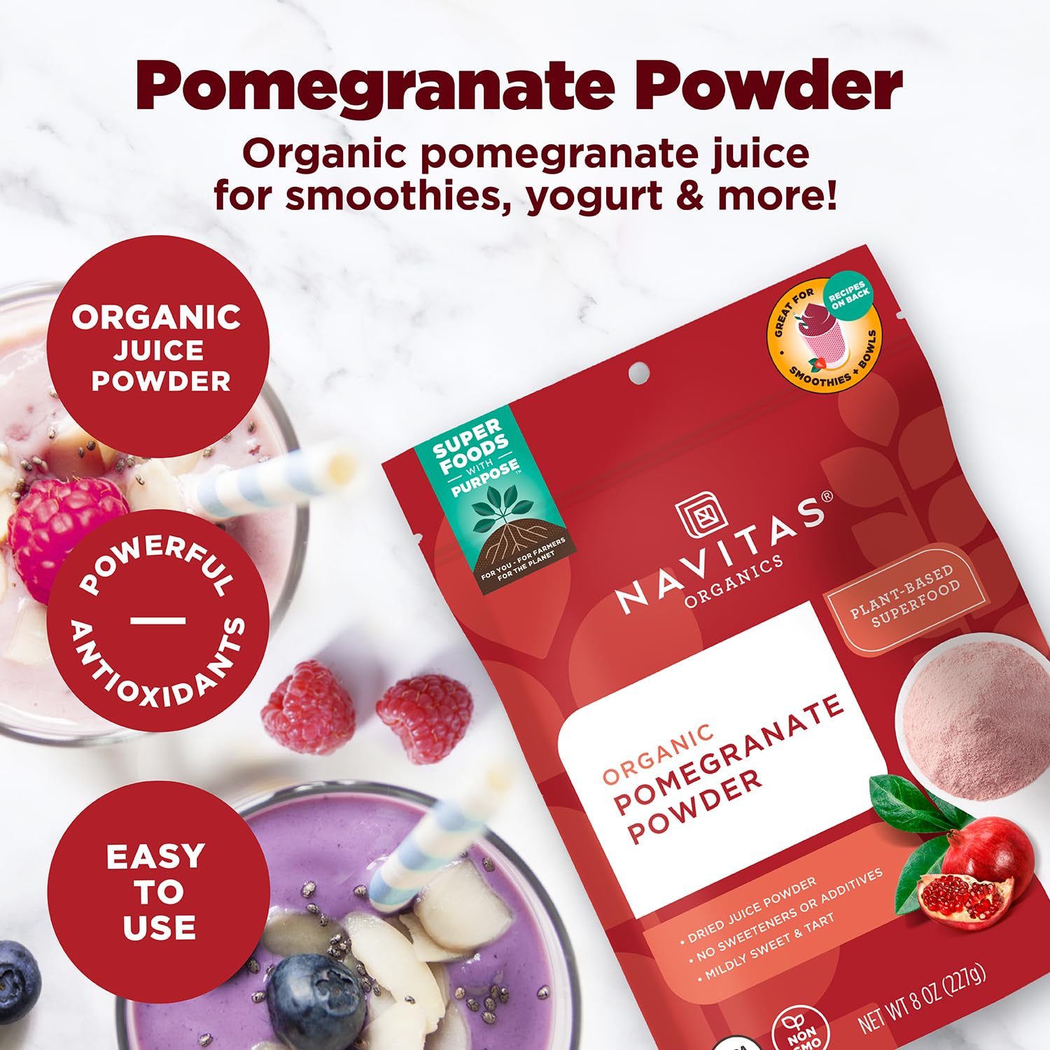 Navitas Organics Pomegranate Powder pouring into a blender for quick smoothies