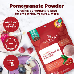 Navitas Organics Pomegranate Powder pouring into a blender for quick smoothies