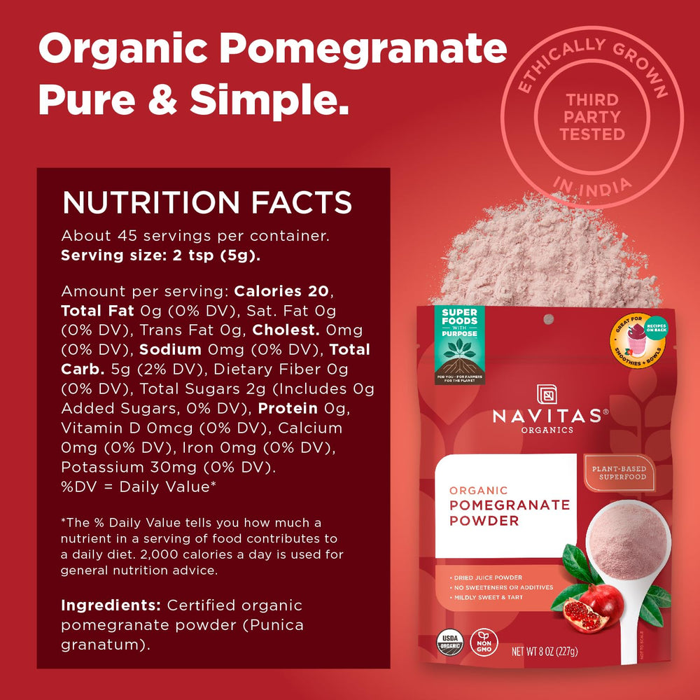 Navitas Organics Pomegranate Powder tub, premium organic pantry staple for dressings and desserts