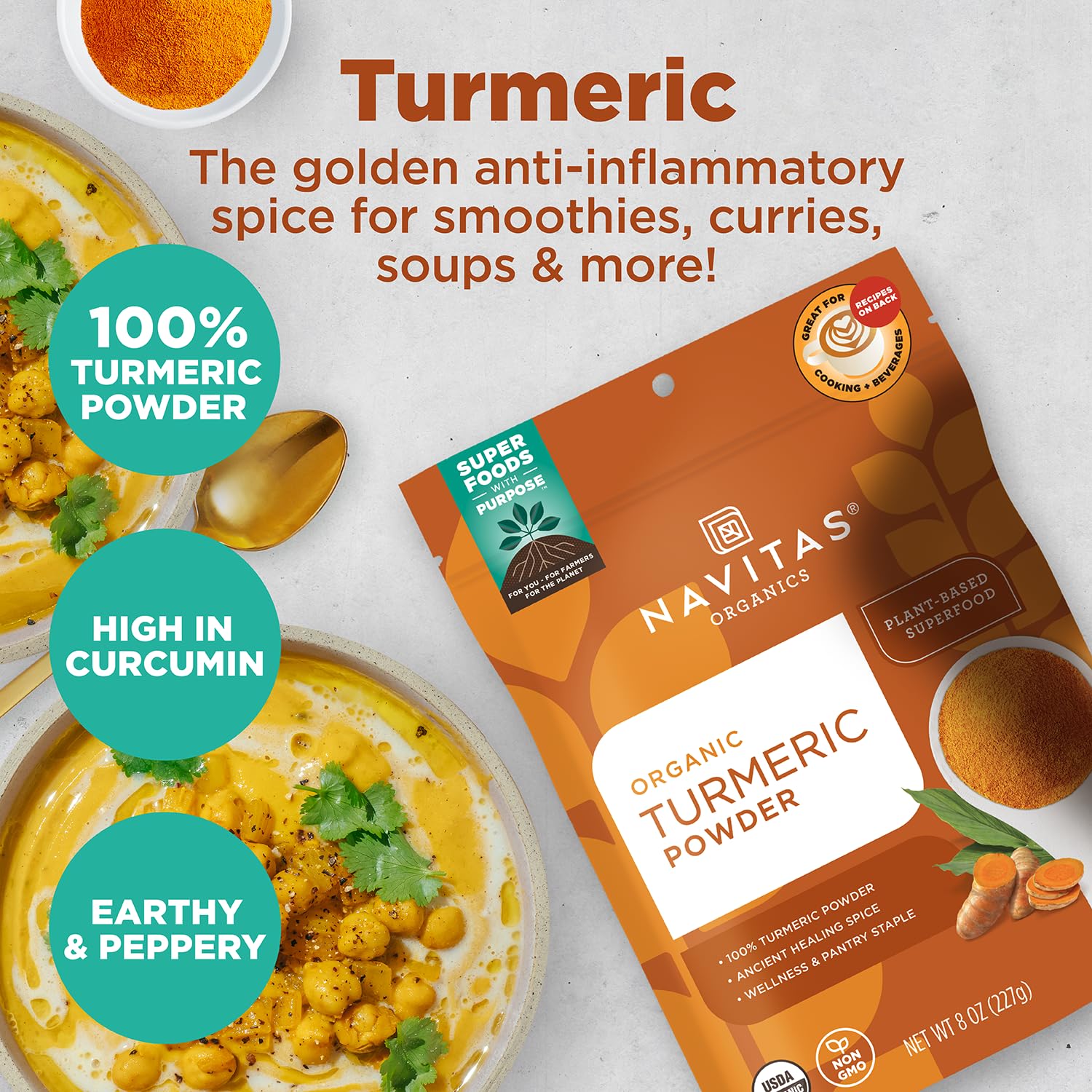 Navitas turmeric powder with a scoop for precise, versatile seasonings.