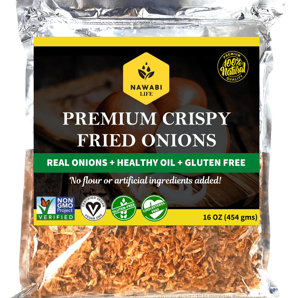 Nawabi Life Crispy Onions bag front, convenient pantry snack and topping option.