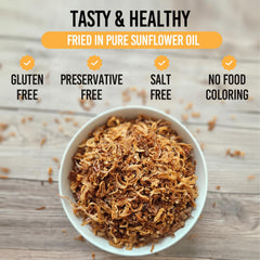 Nawabi Life Crispy Onions golden close-up, crispy texture elevates casseroles and burgers.