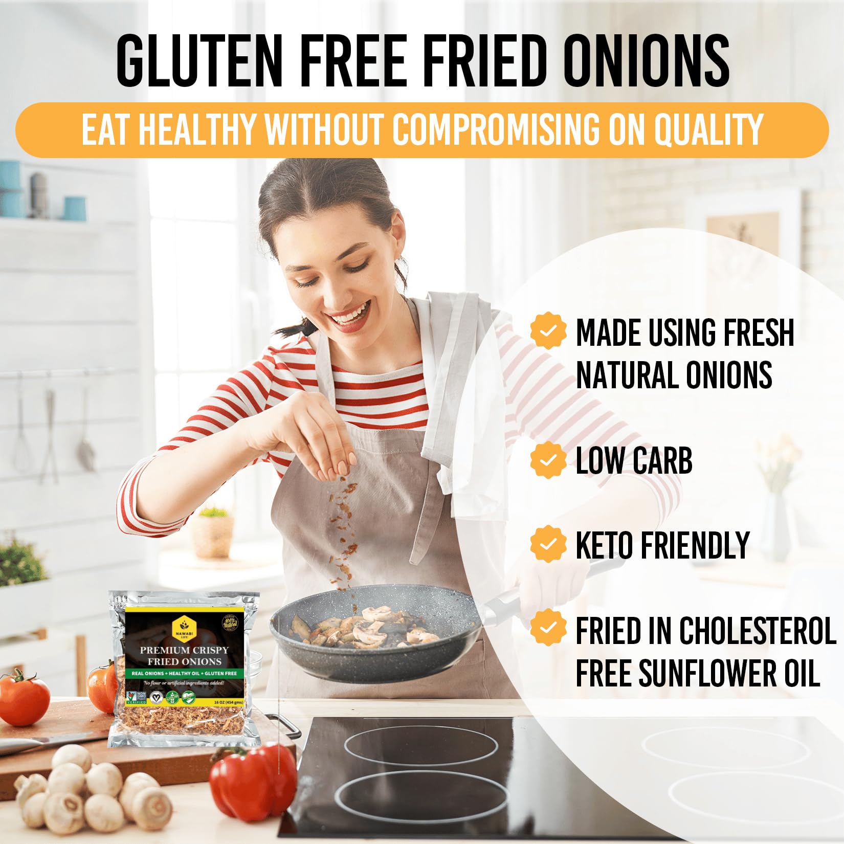 Nawabi Life Crispy Onions sealed bag, preserves freshness for long-lasting use.