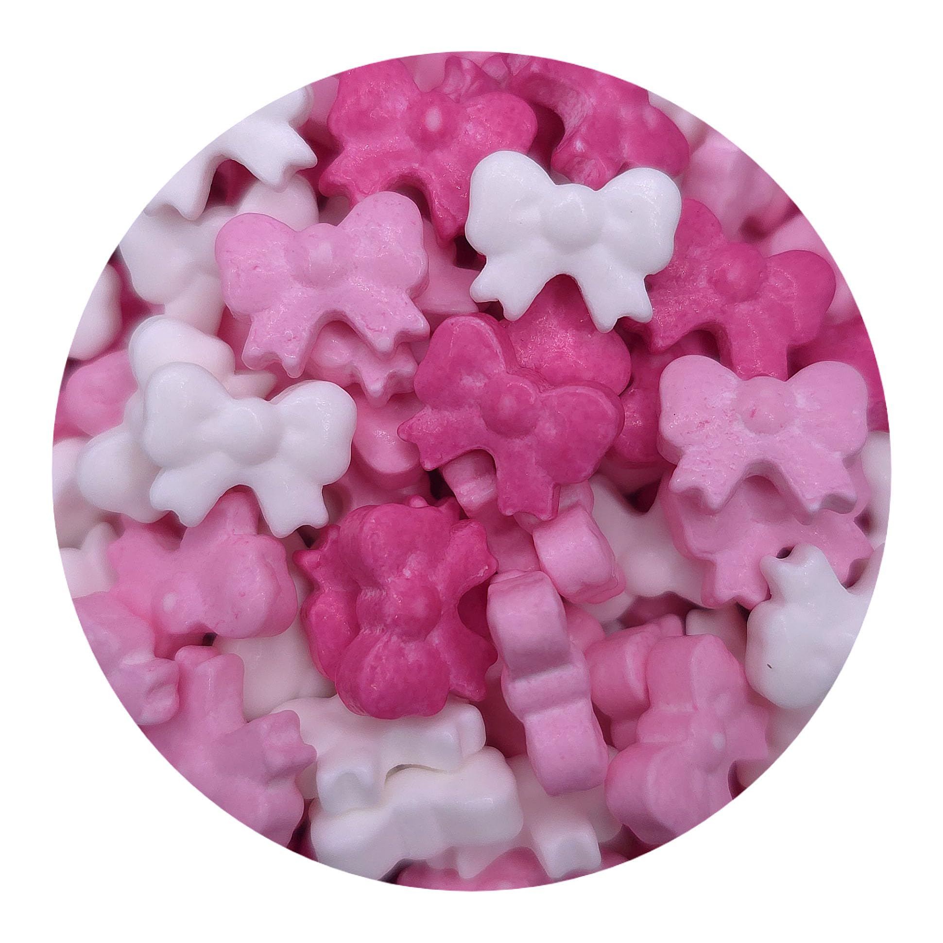 NCS hot pink bows sprinkles in a bag, ready for easy storage.