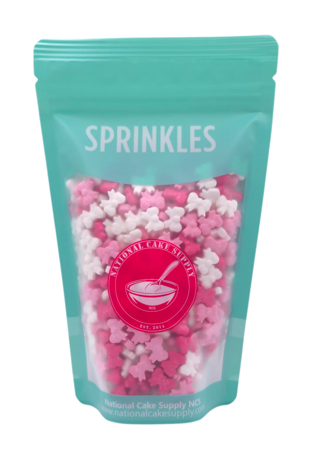 NCS light pink bows sprinkles add soft cake accents.
