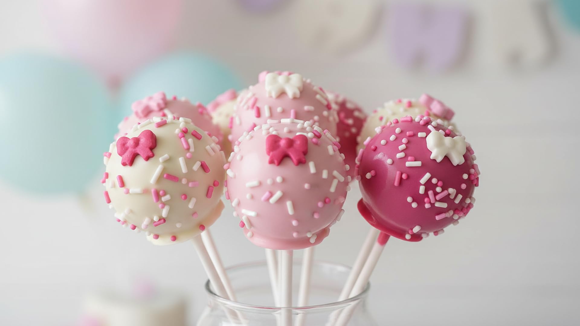 NCS cake pops decorated with pink ribbons look festive.