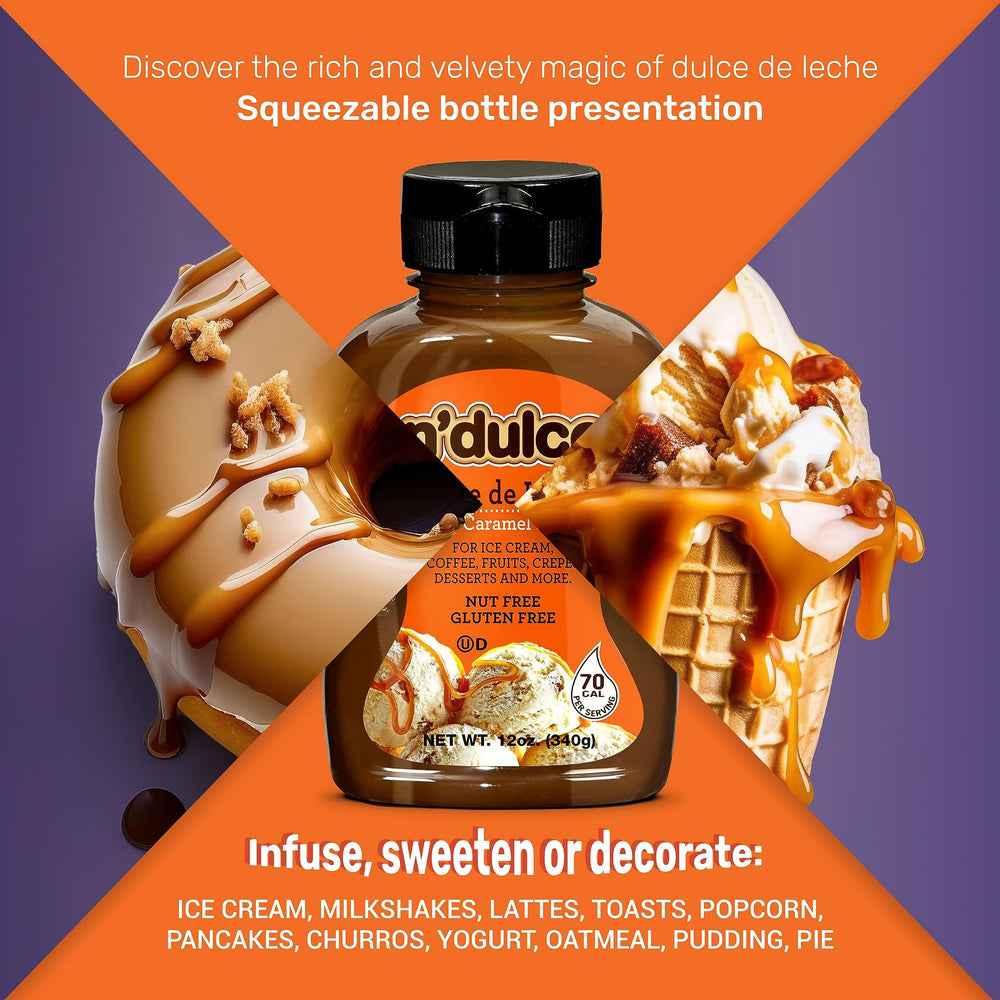 N'DULCE Dulce De Leche syrup topping ice cream with creamy caramel flavor.