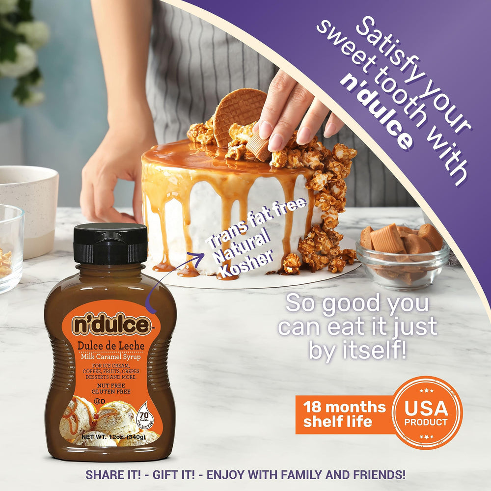 N'DULCE Dulce De Leche syrup on desserts and pastries for rich topping.