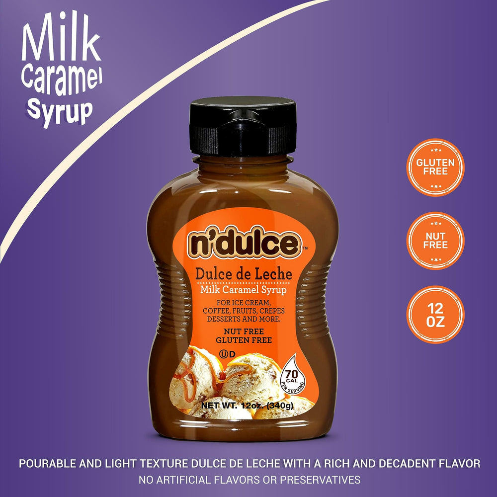 N'DULCE Dulce De Leche syrup drizzled on pancakes for a light caramel drizzle.