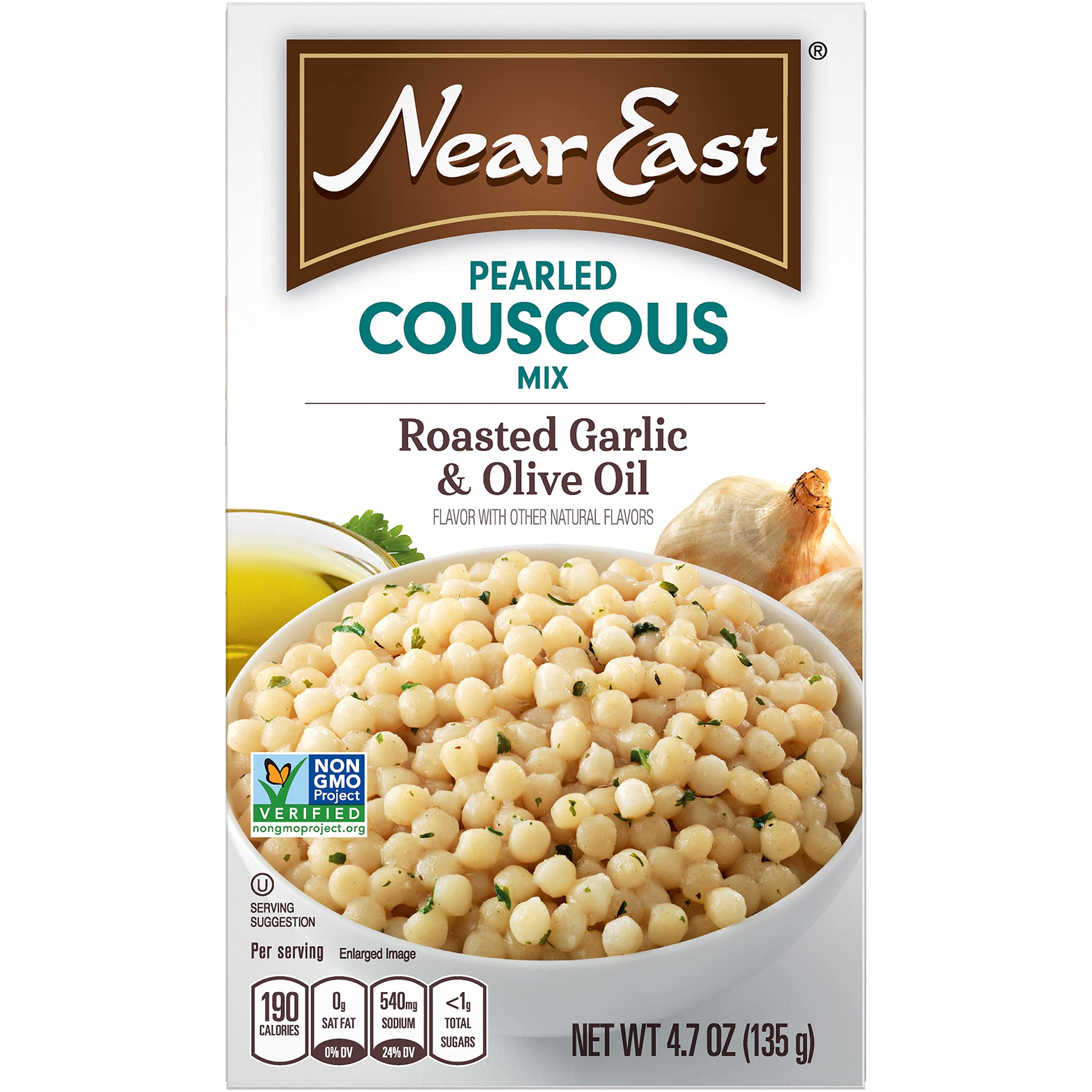 Near East pearled couscous fluffy bowl of cooked dish topped with garlic oil.