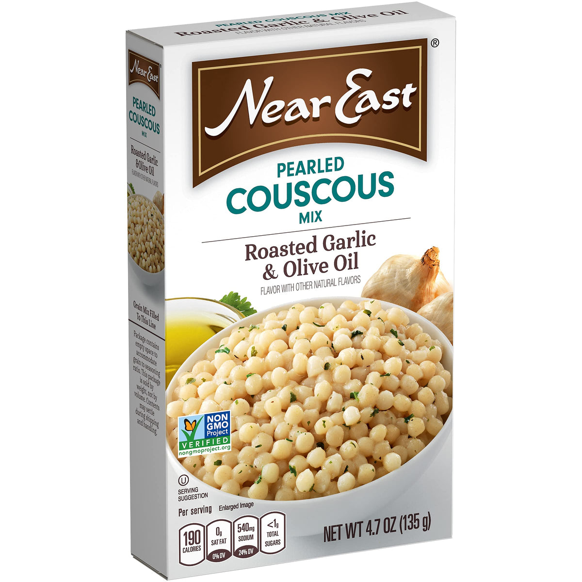 Near East pearled couscous package with roasted garlic and olive oil, ideal for quick meals.