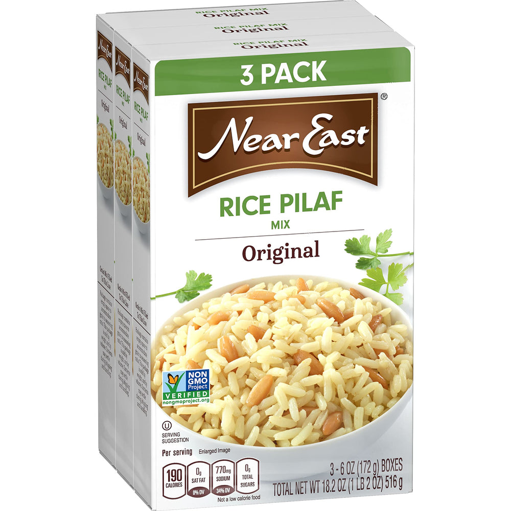 Near East Quaker Rice Pilaf Original box front, three-pack for quick meals
