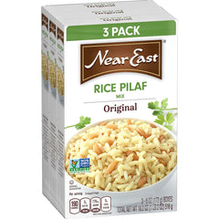Near East Quaker Rice Pilaf Original box front, three-pack for quick meals