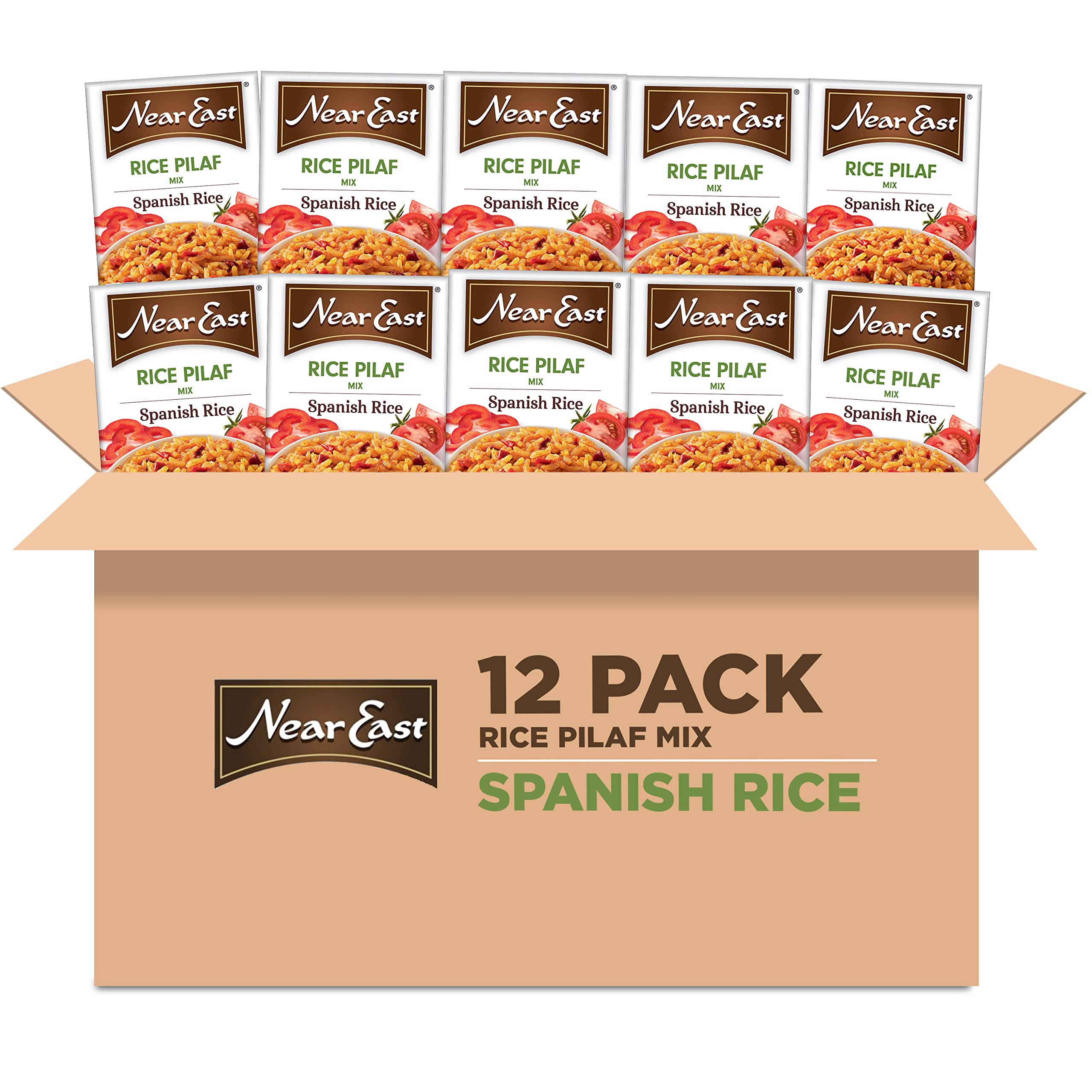 Near East Spanish Rice Pilaf Mix box front highlighting convenient weeknight solution.