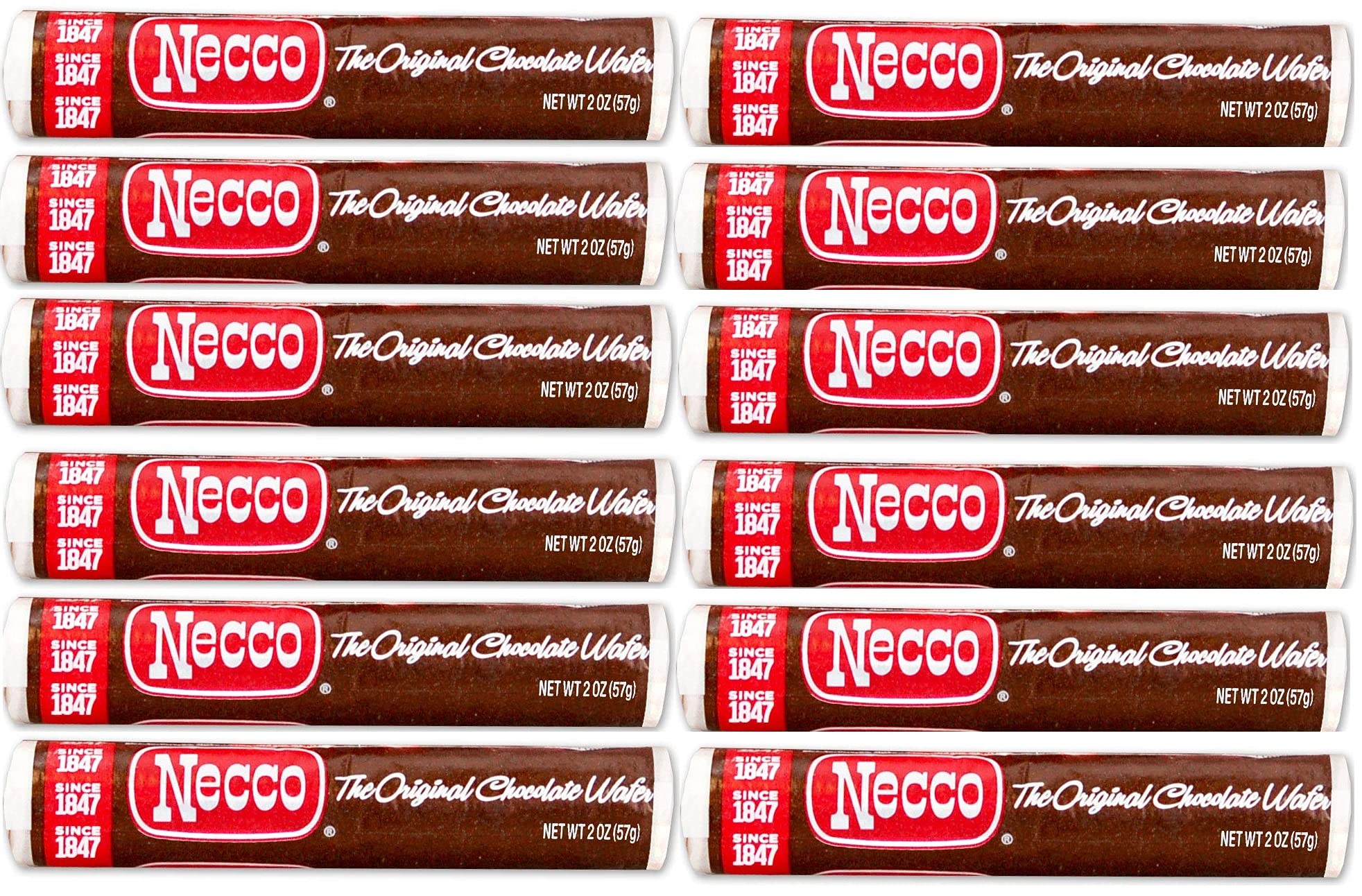 Necco Wafers chocolate-flavored rolls 12-pack, portable nostalgic snack.