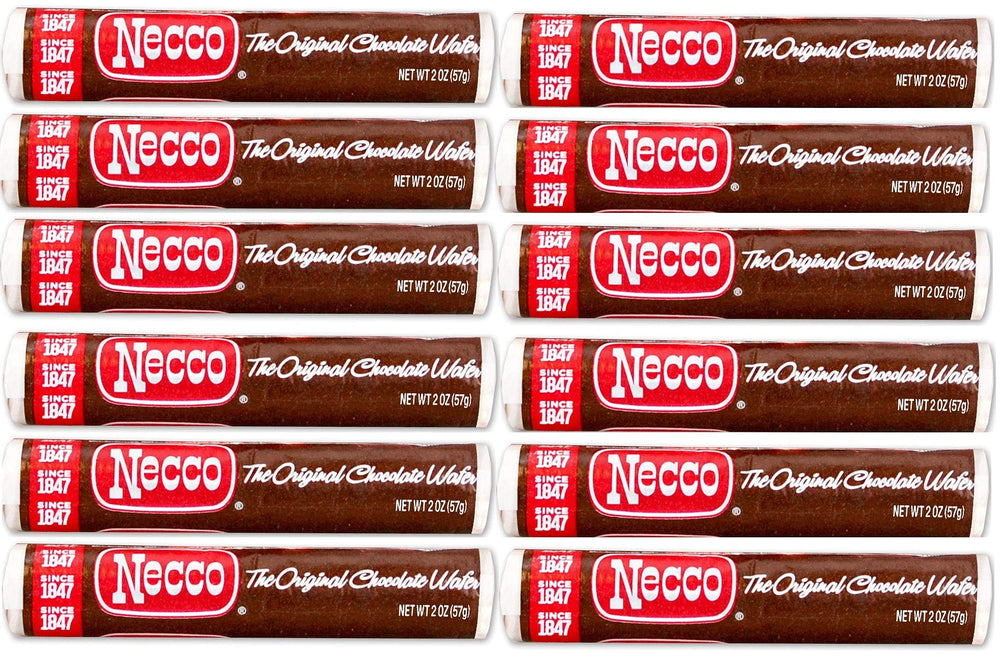 Necco Wafers chocolate-flavored rolls 12-pack, portable nostalgic snack.