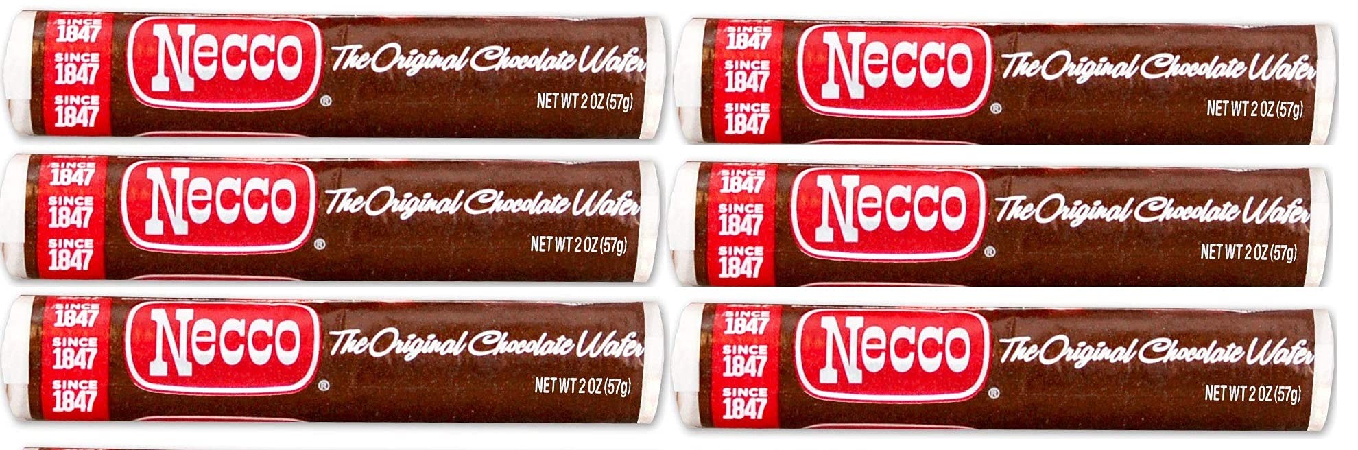 Necco Wafers original chocolate rolls six-pack for nostalgic snacking.