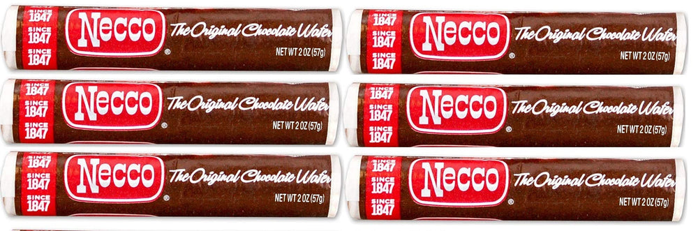 Necco Wafers original chocolate rolls six-pack for nostalgic snacking.