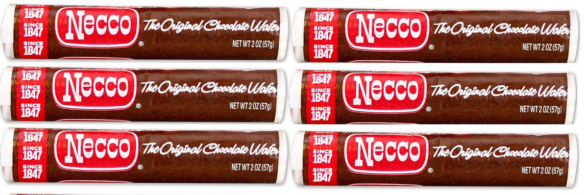 Necco Wafers original chocolate rolls six-pack for nostalgic snacking.