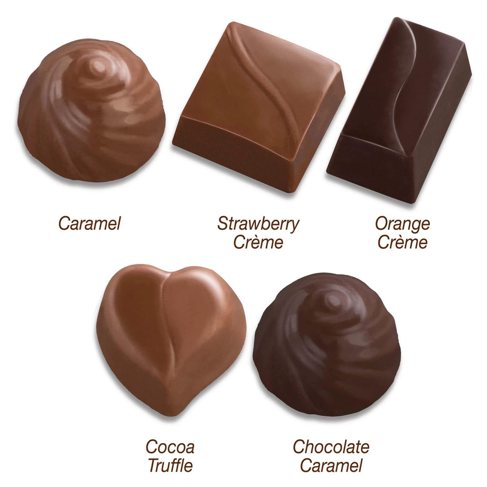 Close view of assorted chocolates inside Needzo boxes