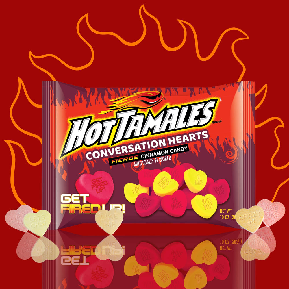 Needzo Hot Tamales Conversation Hearts display with flirty phrases on each heart.