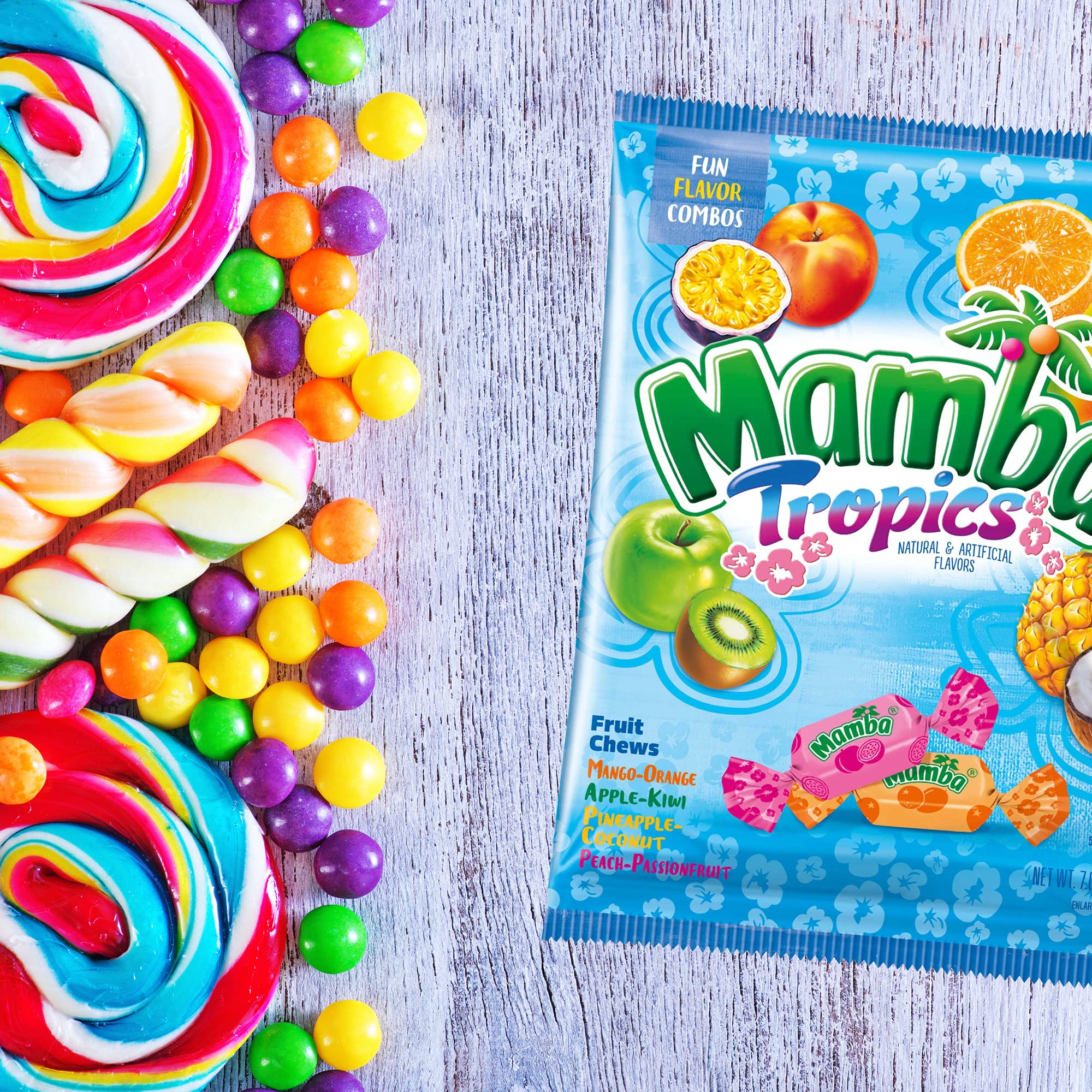 Needzo Mamba Tropics peach-passionfruit chews juicy and vibrant.