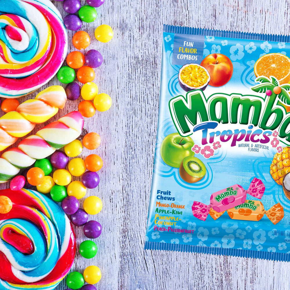 Needzo Mamba Tropics peach-passionfruit chews juicy and vibrant.