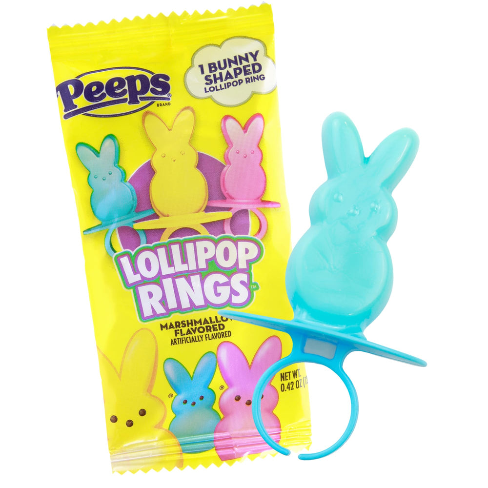 Pink bunny ring of Needzo Peeps lollipop rings with marshmallow flavor