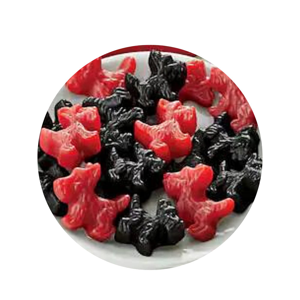 Needzo red Scottie dog licorice candies packaging close-up showing labeling.
