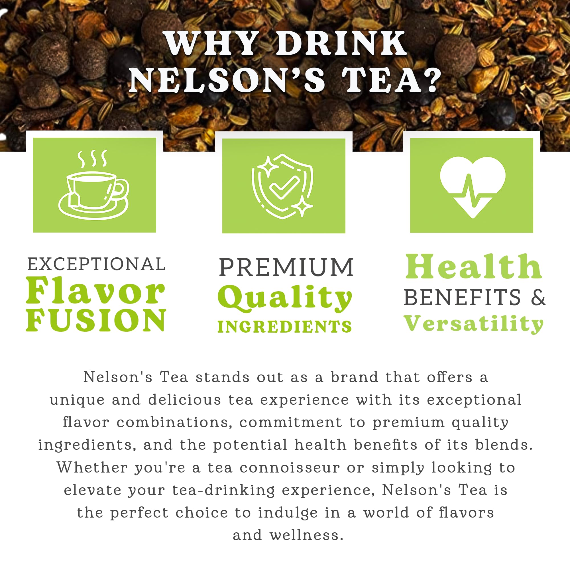 Nelson's Tea A&J's Root Beer loose-leaf close-up shows rich sarsaparilla and spice notes.