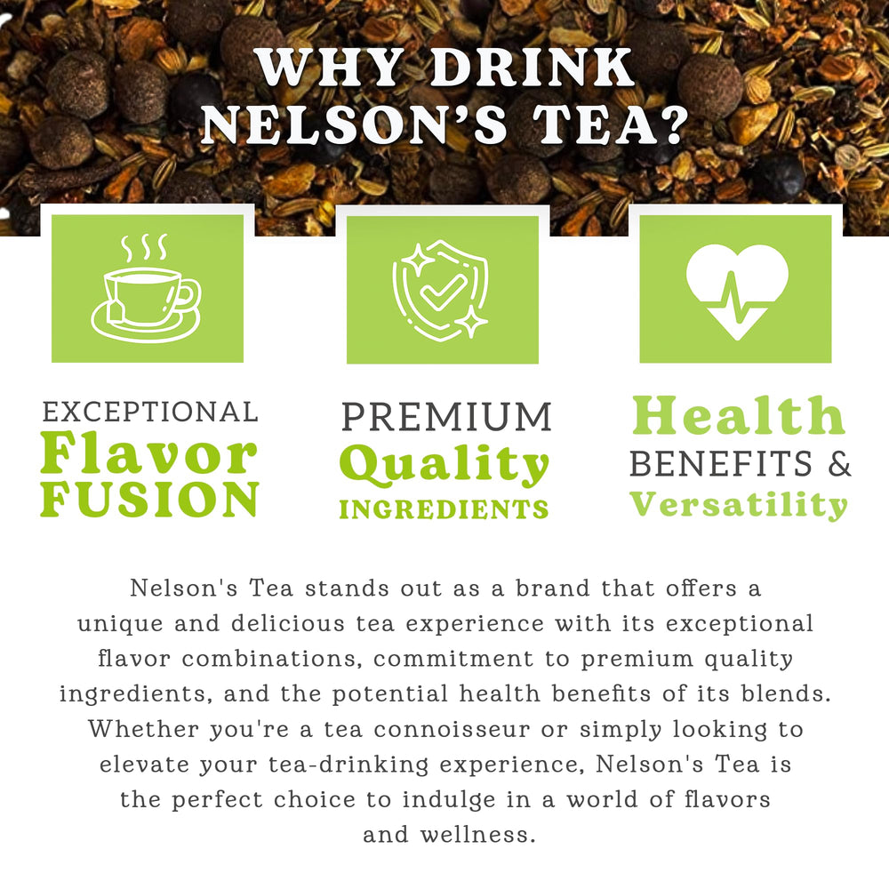 Nelson's Tea A&J's Root Beer loose-leaf close-up shows rich sarsaparilla and spice notes.