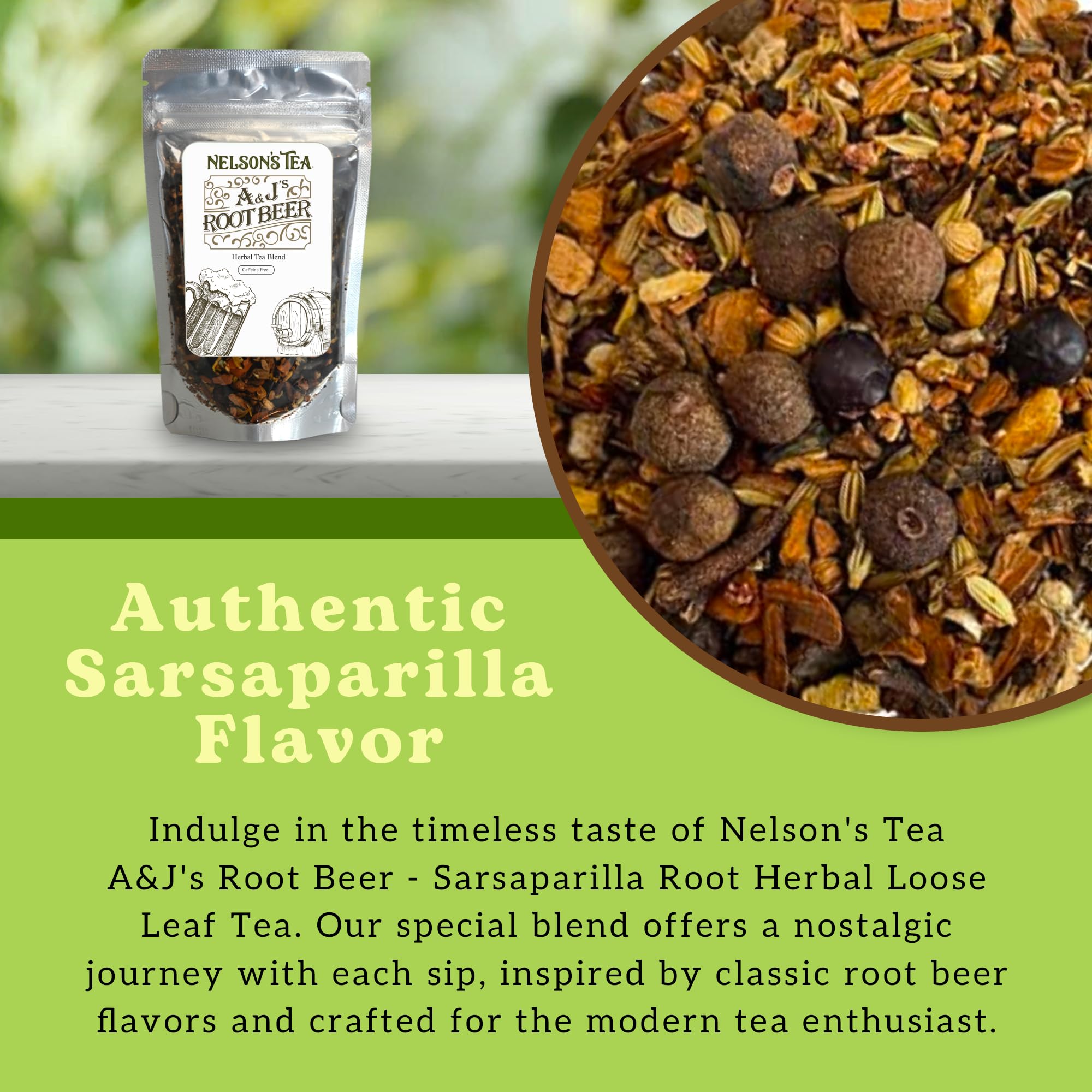 Nelson's Tea A&J's Root Beer spice blend features burdock, cinnamon and ginger for a warm aroma.