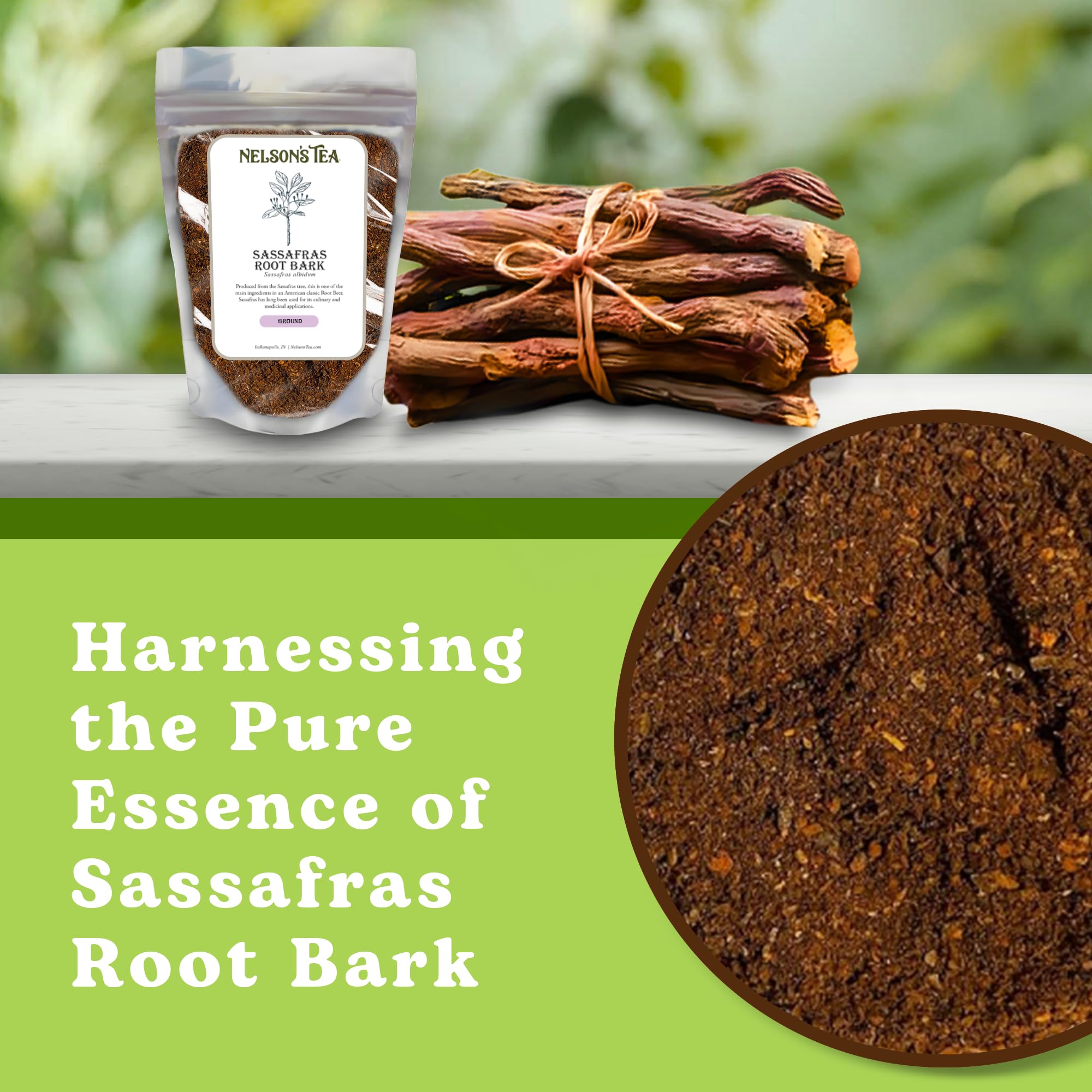 Close-up of Nelson's Tea sassafras ground powder ideal for bold, flavorful brews