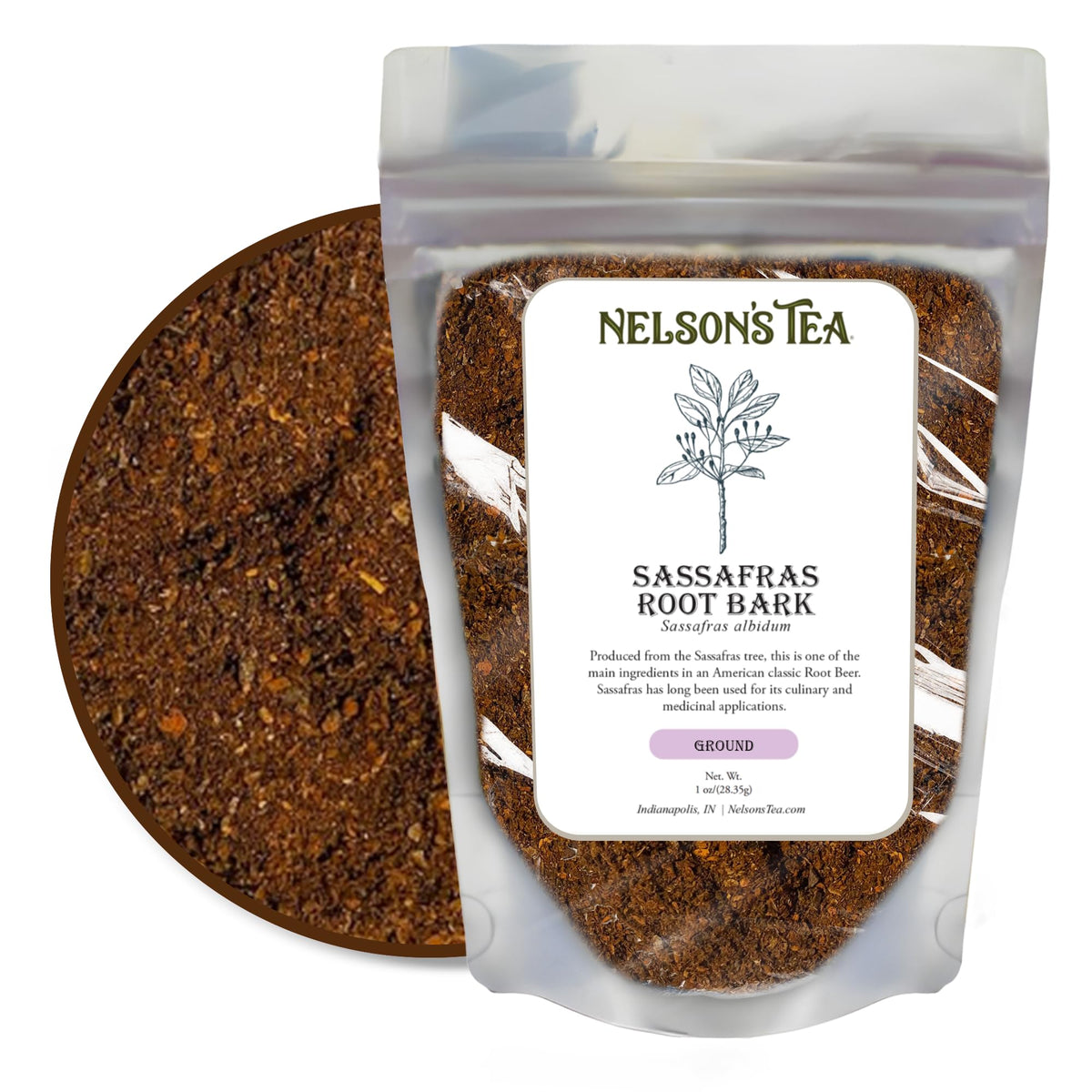 Nelson's Tea sassafras root bark ground bottle for aromatic infusion potential