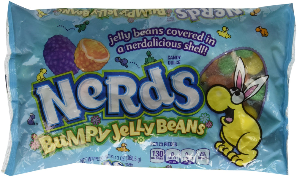 Nerds front packaging showing colorful big chewy jelly beans and sharing convenience