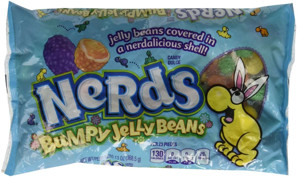 Nerds front packaging showing colorful big chewy jelly beans and sharing convenience