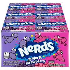 Nerds candy grape and strawberry 1.65oz boxes, ideal for sharing at gatherings.