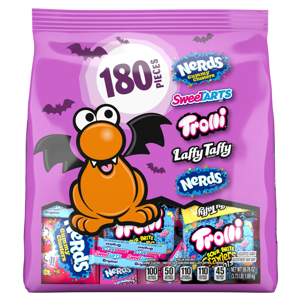 Nerds front packaging showing variety bag and festive label, easy distribution