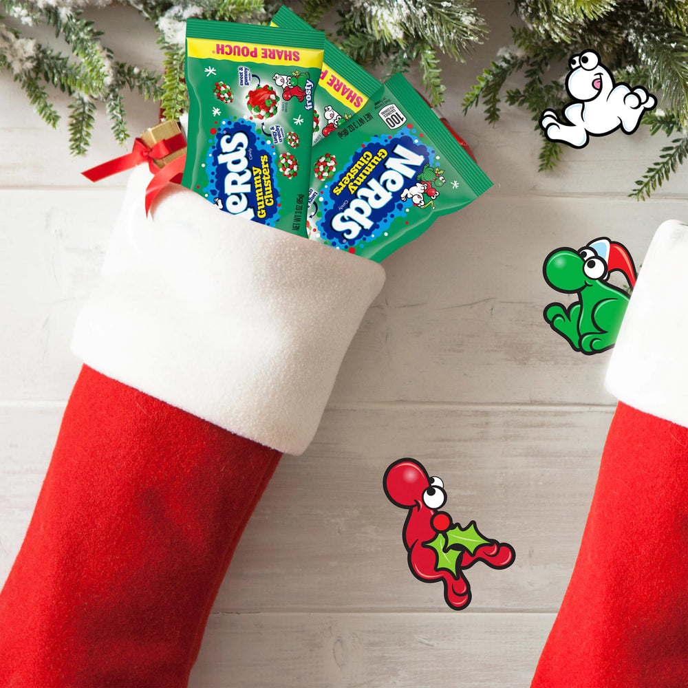 Colorful holiday display featuring frosty NERDS clusters.
