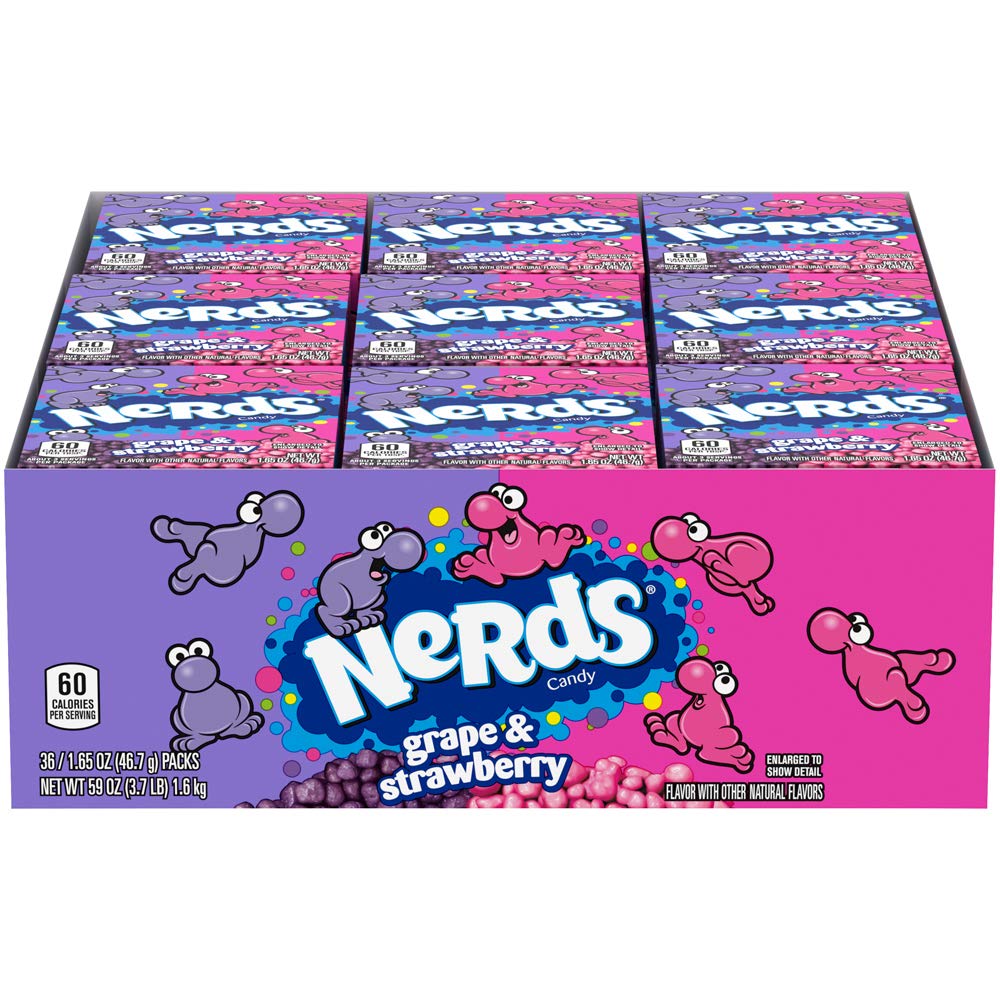 Nerds front packaging showing grape and strawberry colors and convenience