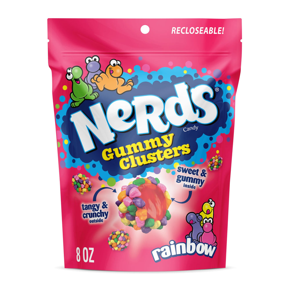 NERDS Gummy Clusters Rainbow closeup showing crunchy candy on a red gummy center for shareable snacking