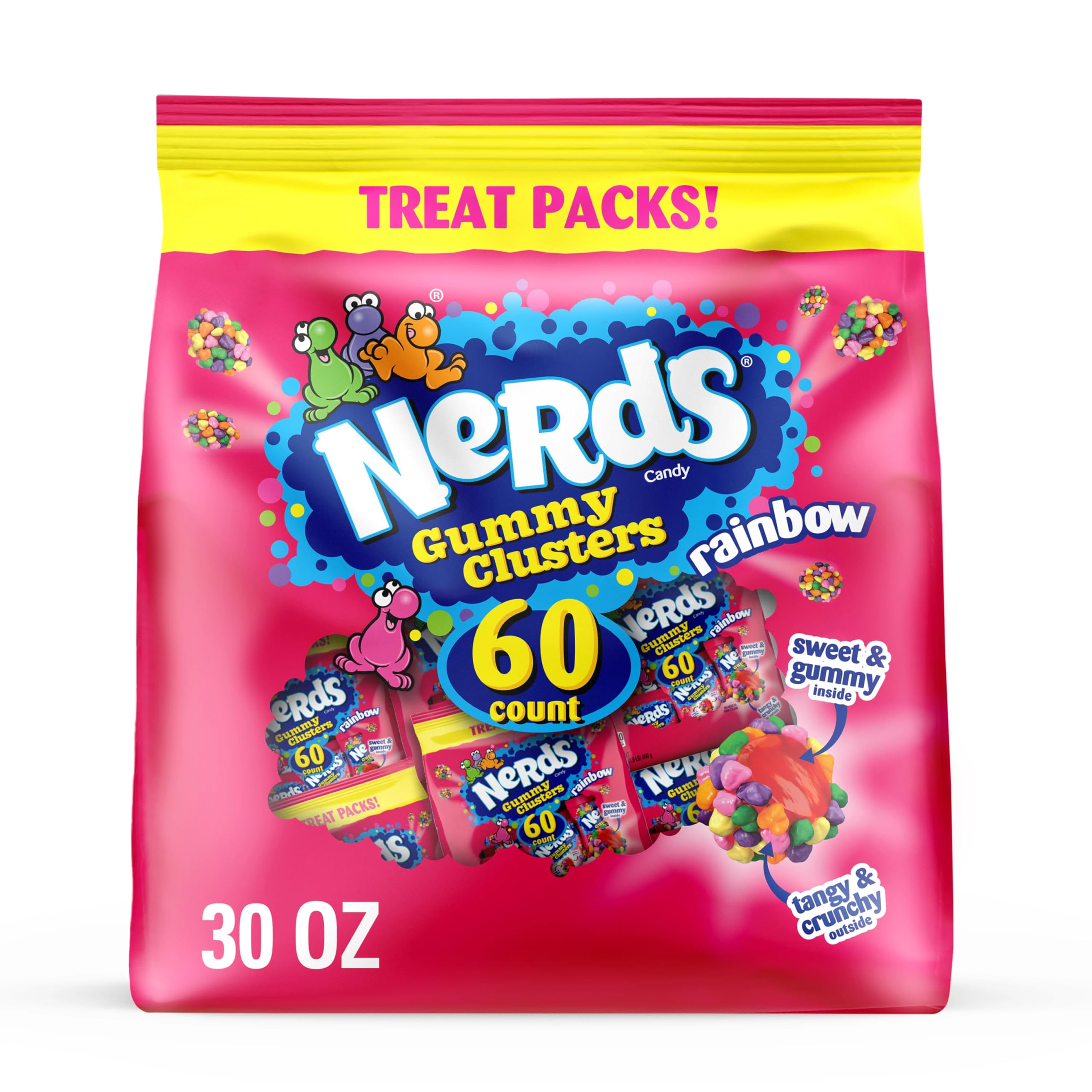 NERDS Gummy Clusters rainbow shells with fruity centers for a playful, shareable snack.